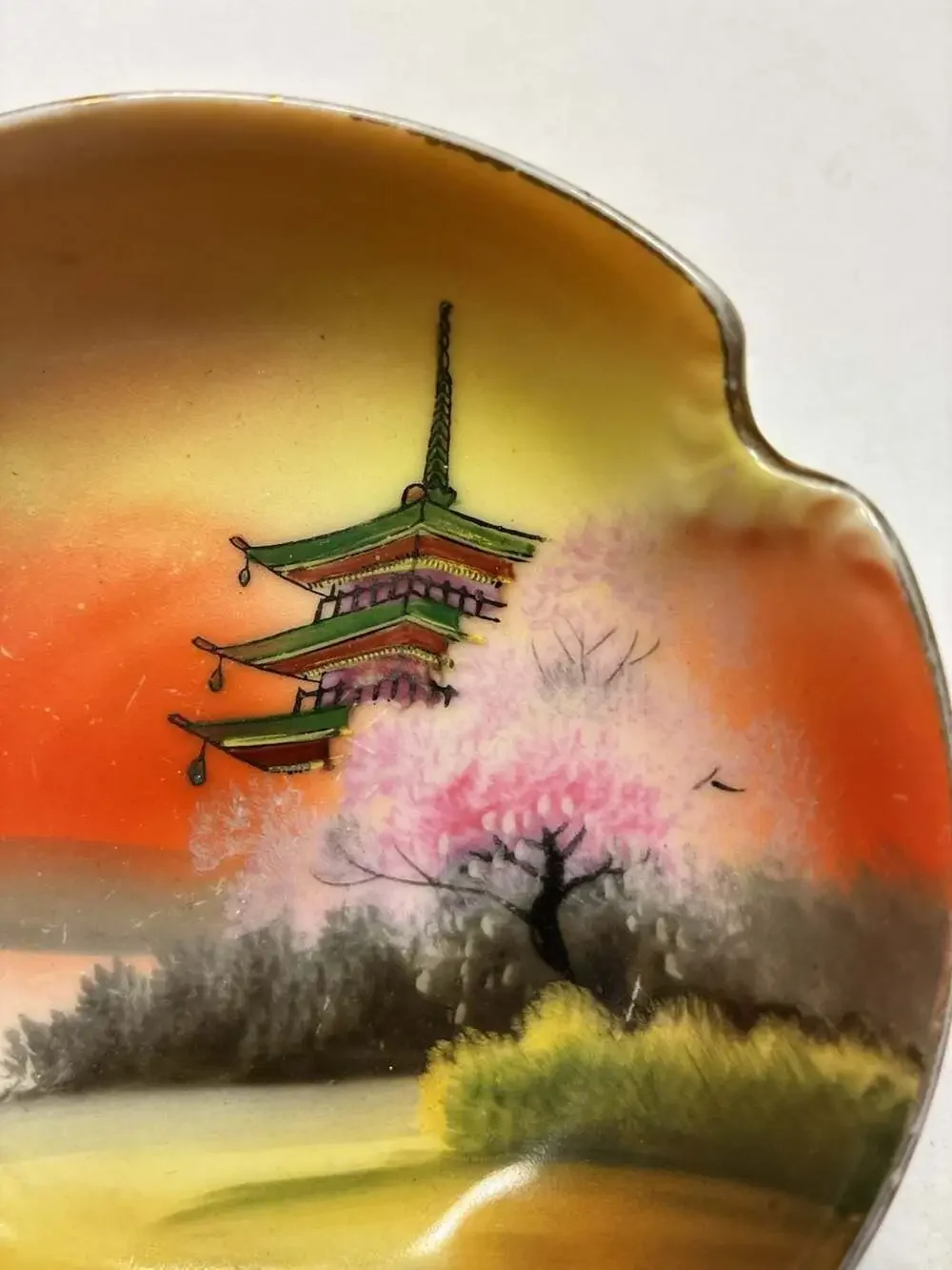 Vintage Noritake Japanese Porcelain Small Bowl with Hand-Painted Pagoda Landscap